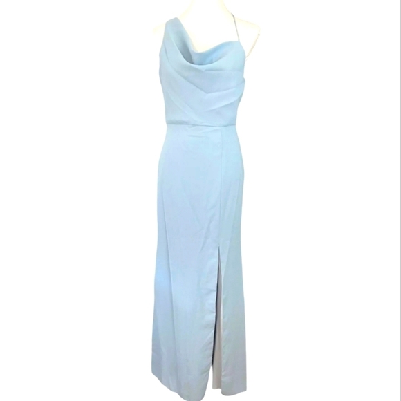 After 6 Draped Cowl Neck Mist Pale Blue Trumpet Gown Wedding Side Slit Sz 12 NWT - Picture 2 of 14